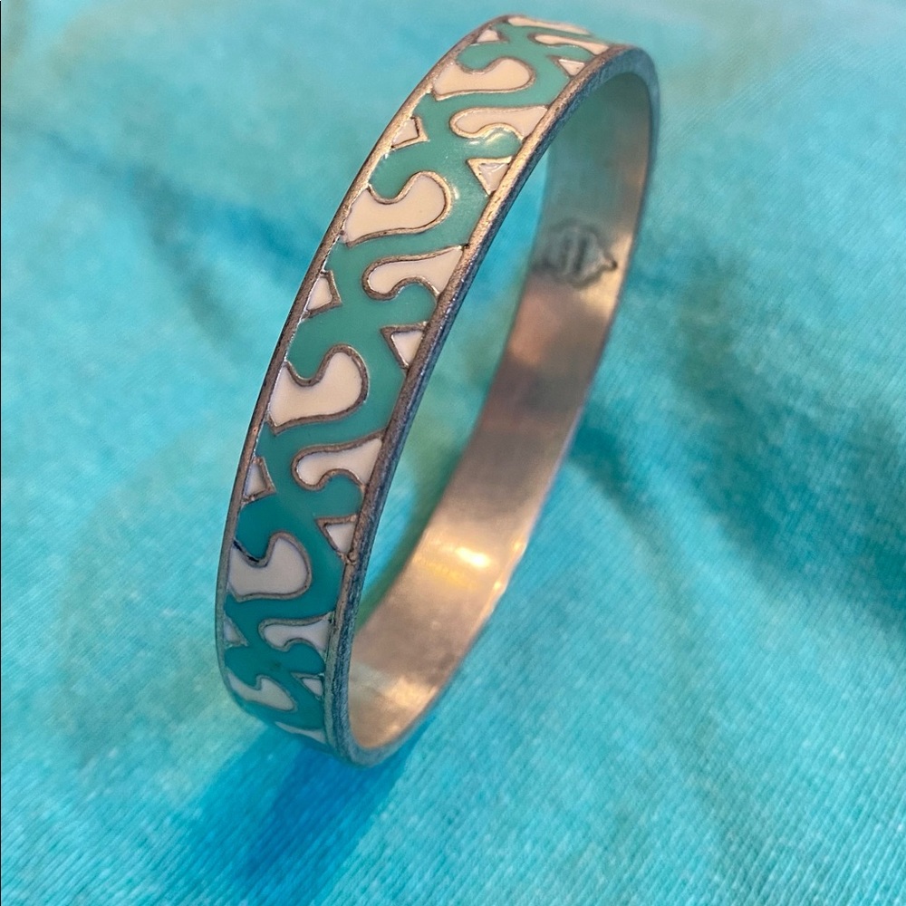 Lucky Brand teal/cream enamel 1/2” silver metal bangle